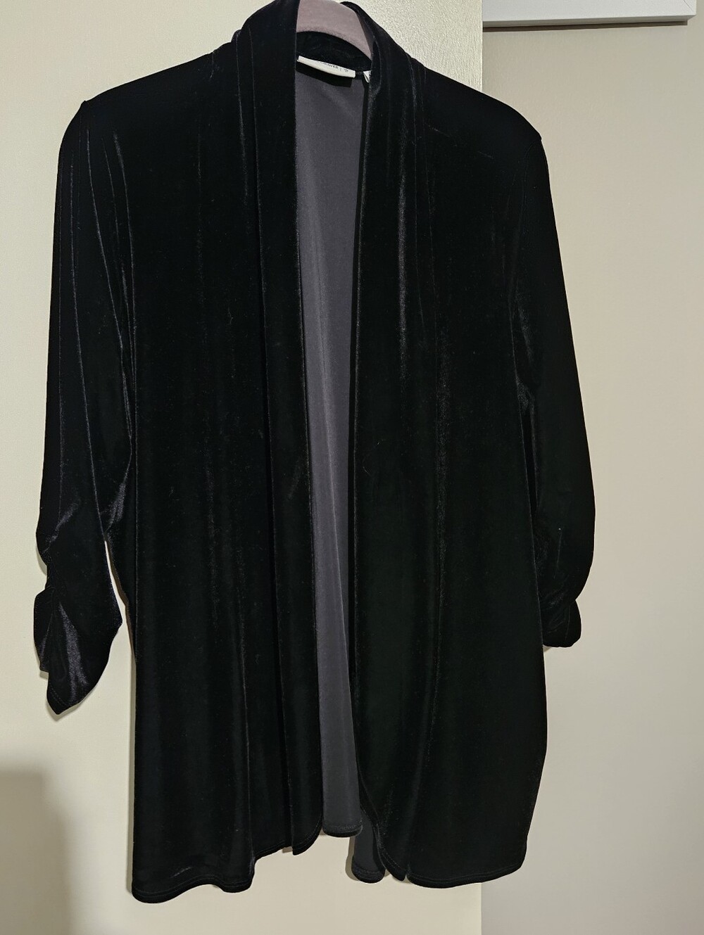 Black Velvet Open Front Cardigan with Gathered Sleeves by Susan Graver